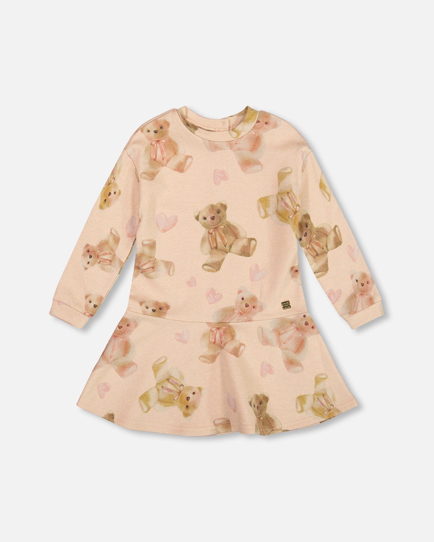 Glittering French Terry Dress Beige Teddy Bear Print