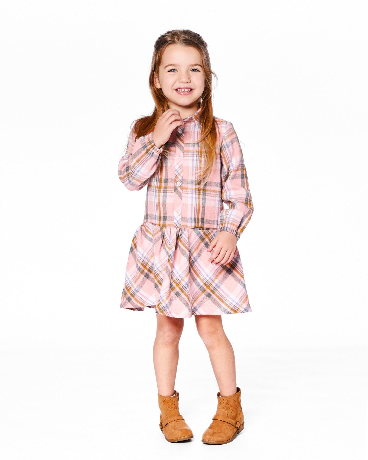 Shirt Plaid Dress With Frill Pink, Yellow And Gray
