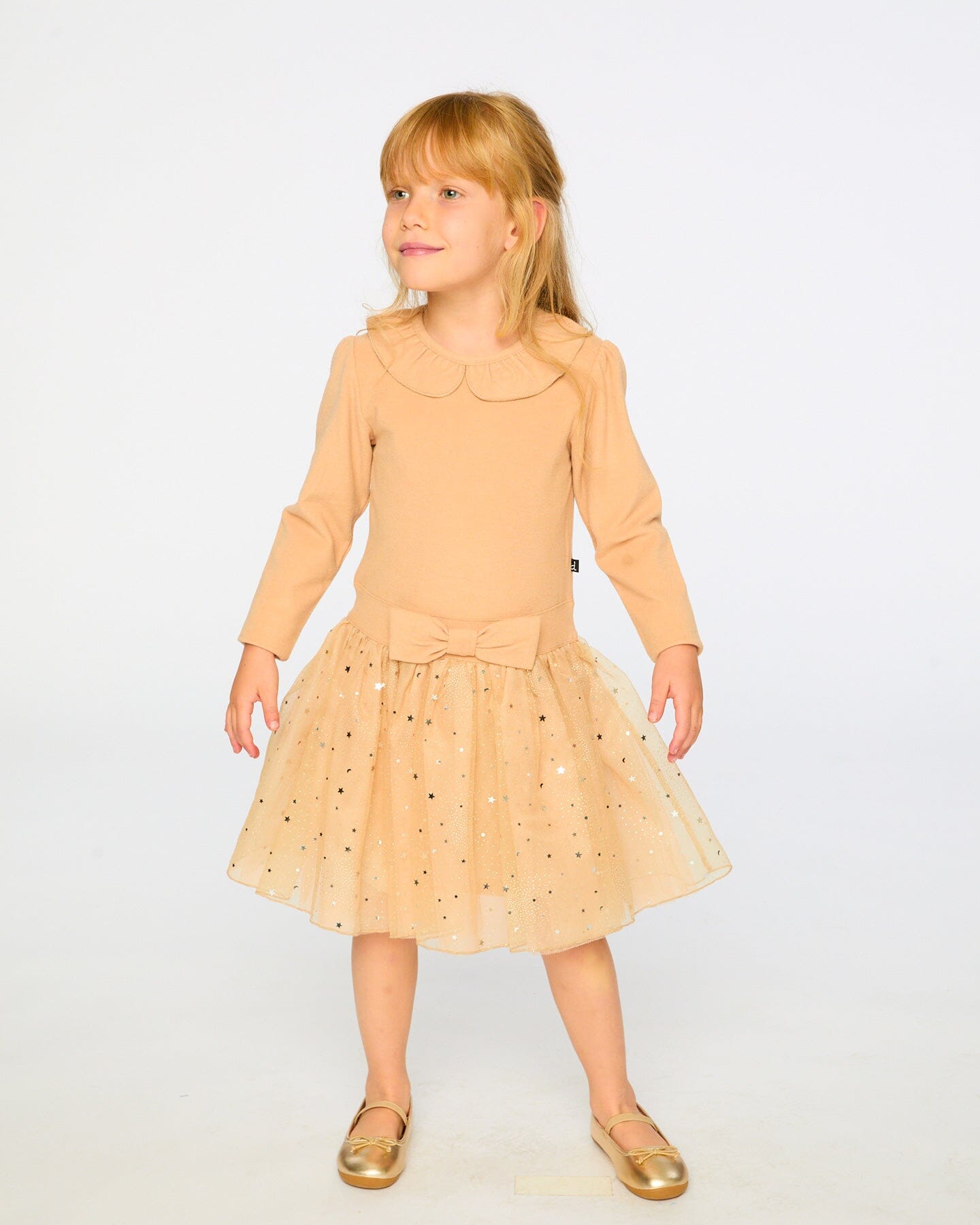 Bi-Material Dress With Glittering Skirt Beige