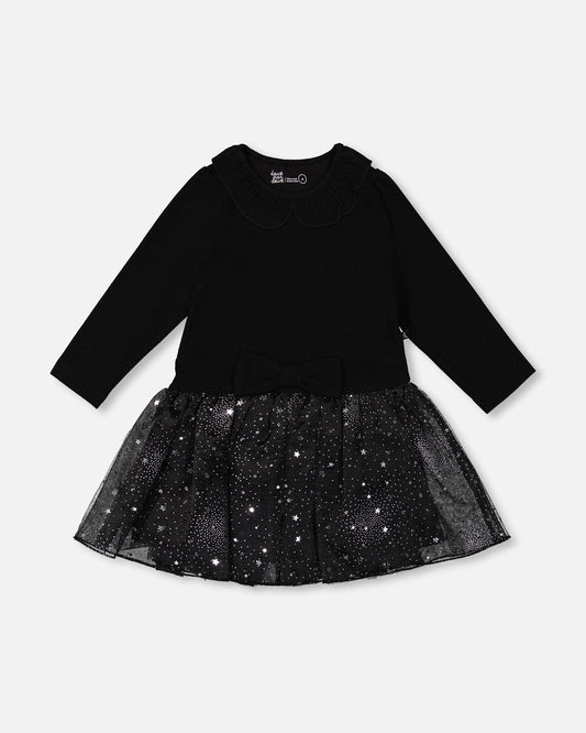 Bi-Material Dress With Glittering Skirt Black