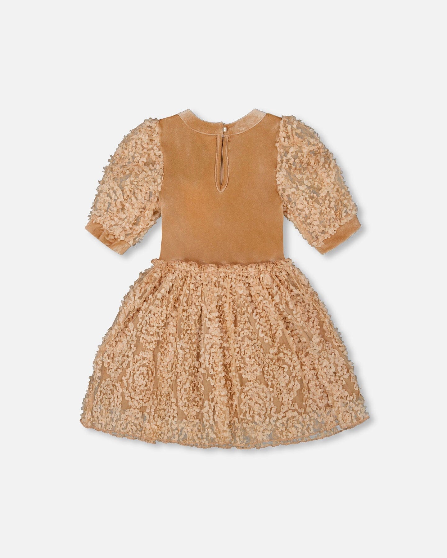 Puff Sleeve Bi-Material Velour And Lace Dress Light Caramel