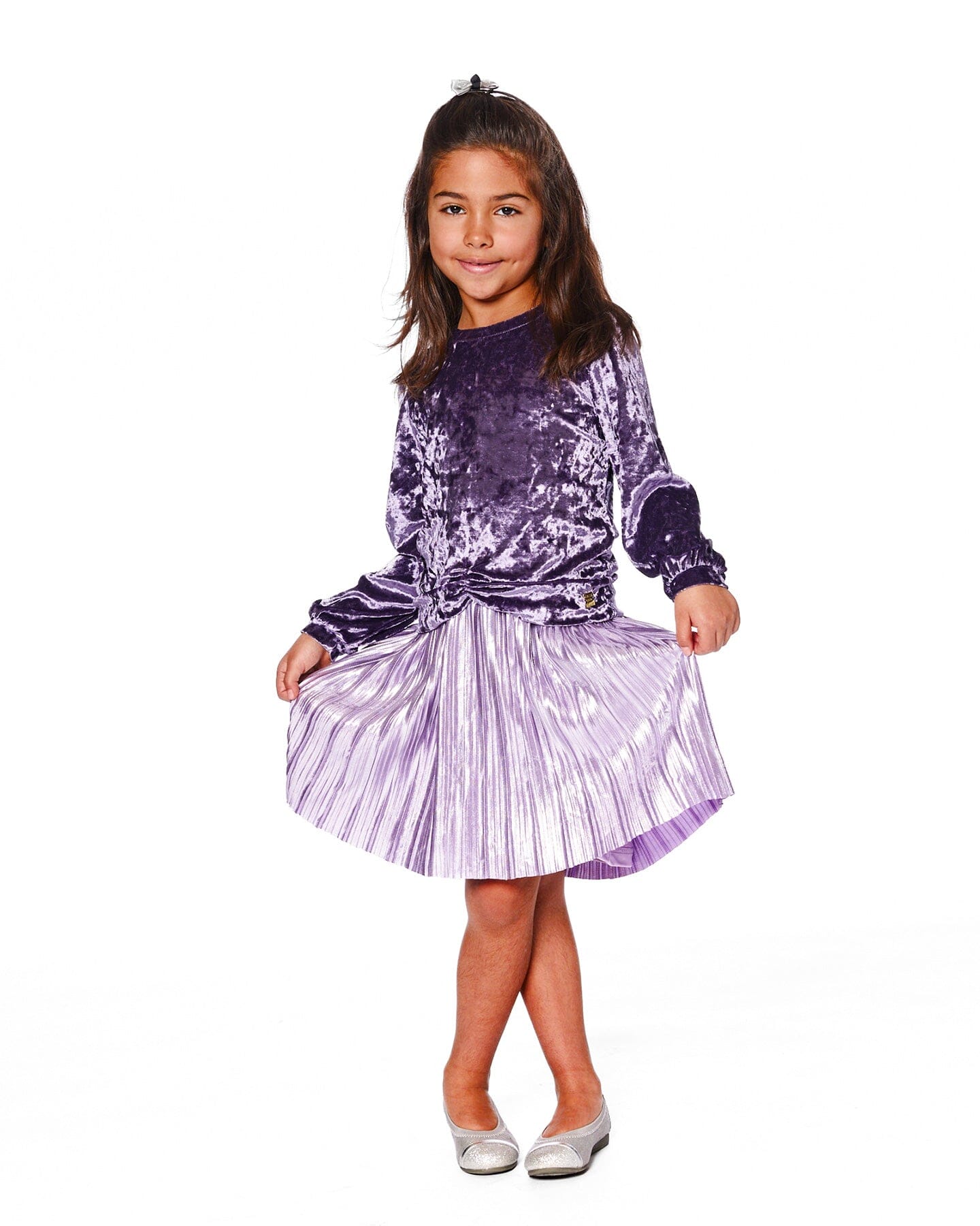 Long Sleeve Bi-Material Velour And Jersey Dress Purple Gray