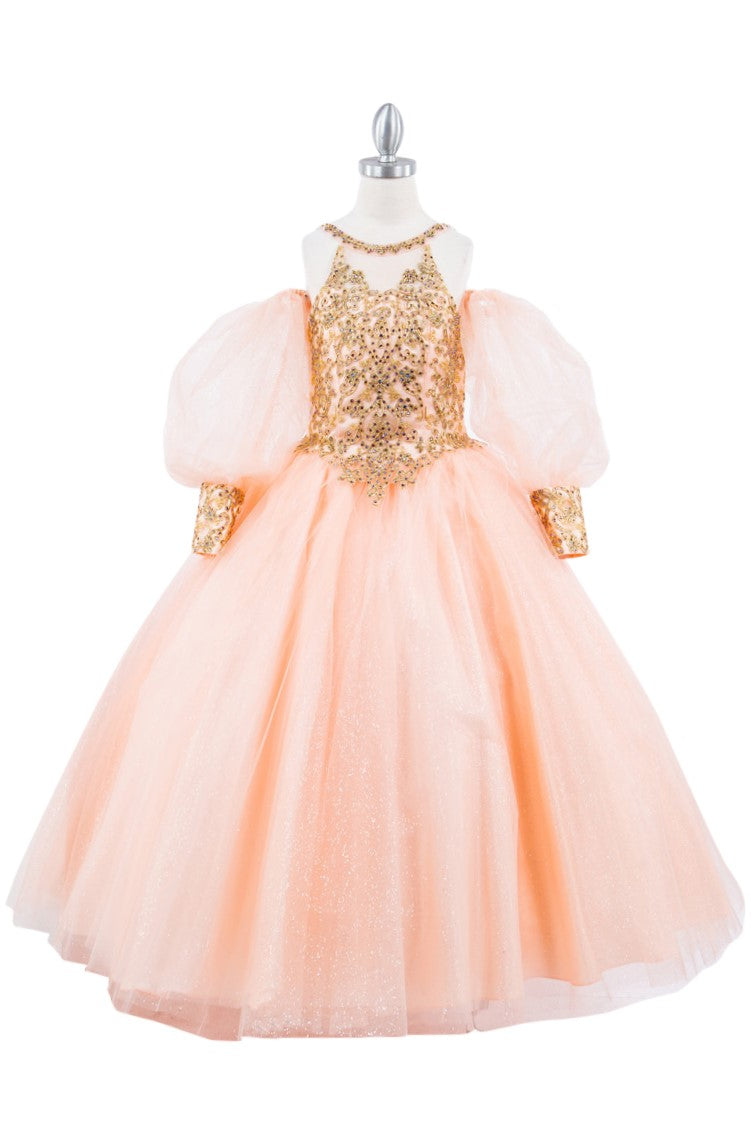 Halter Neck Gold Applique Detachable Sheer Puff Sleeves Quinceanera Girl Dress CU5114X Elsy Style Kids Dress