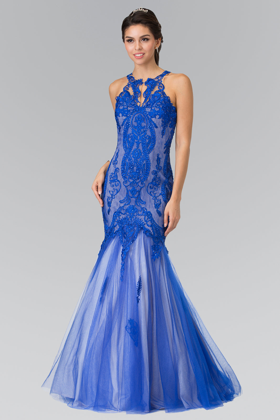 Halter Neck Long Mermaid Prom Dress with Lace Applique and Sheer Lace Back GLGL2219 Elsy Style PROM