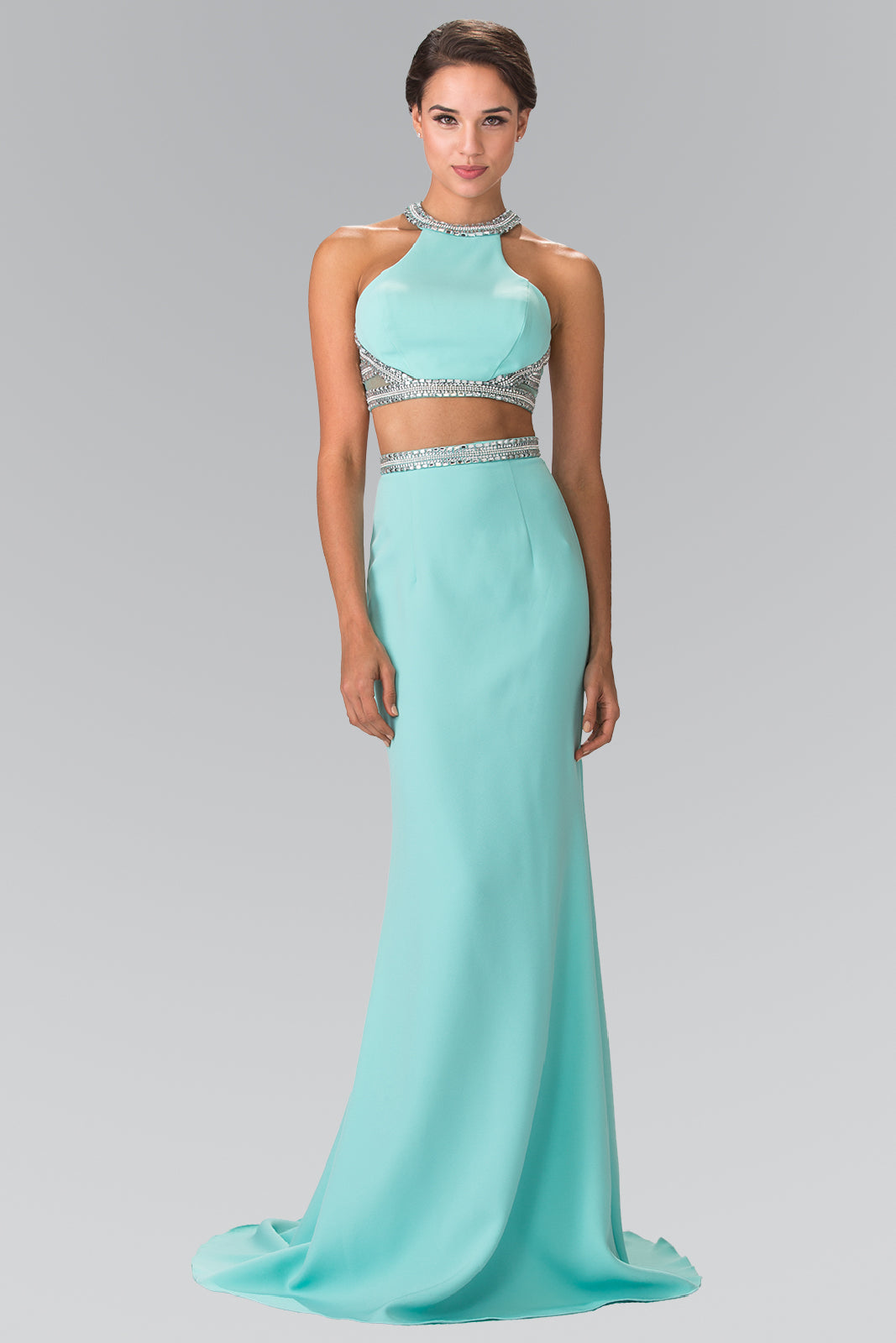 High Neck Two-Piece Jersey Long Dress Accented with a Beaded Band Waistline GLGL2256 Elsy Style PROM