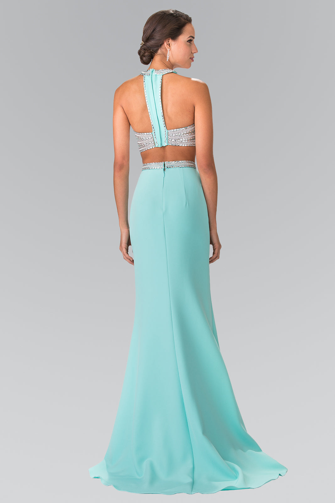High Neck Two-Piece Jersey Long Dress Accented with a Beaded Band Waistline GLGL2256 Elsy Style PROM