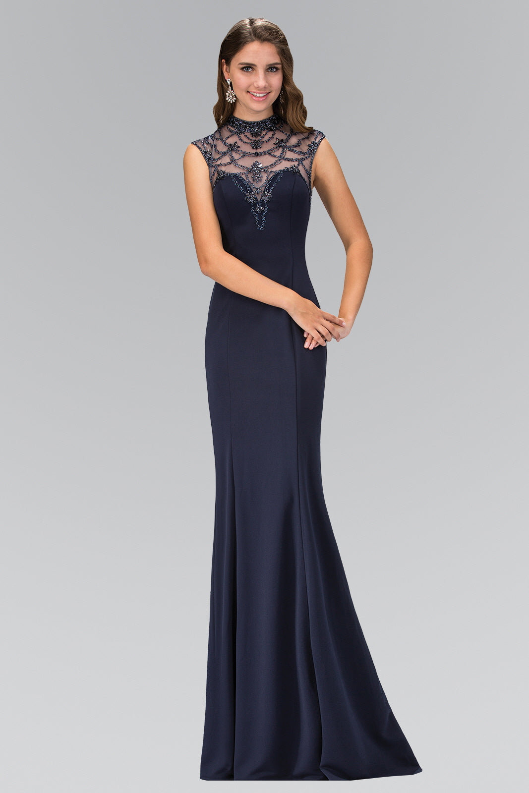 Highneck Navy Long Jersey Dress with Bead Detaiing GLGL1383 Elsy Style PROM