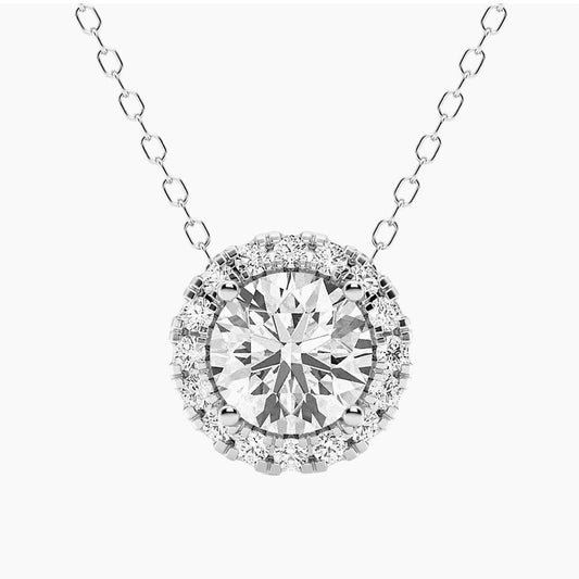 2.00 CTW AGI Certified Lab-Grown Diamond Halo Pendant Necklace in 14kt White Gold