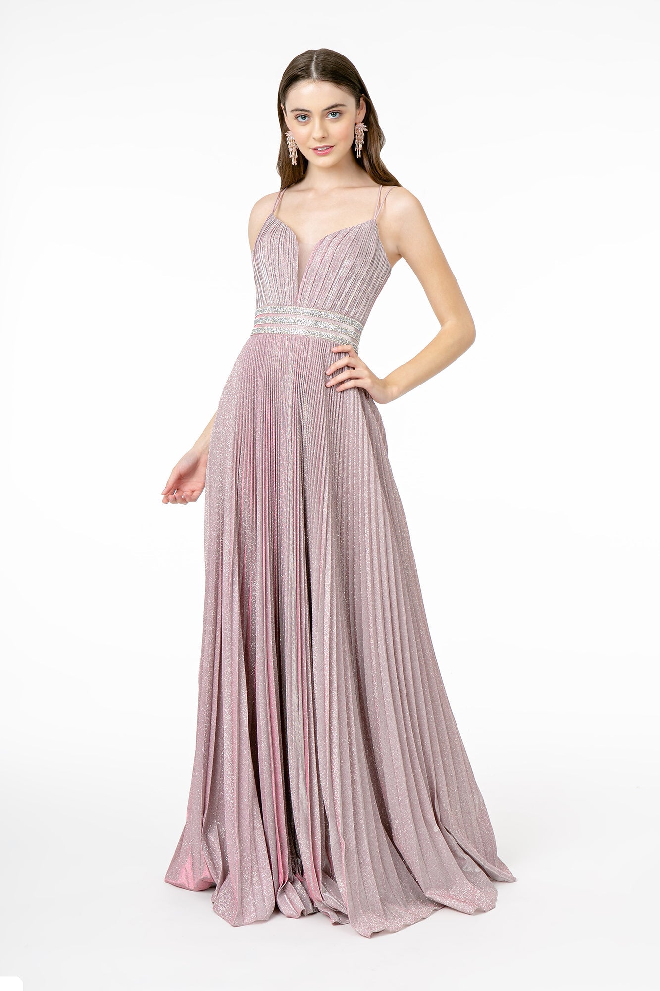 Illusion Deep V-Neck A-Line Pleated Long Dress with Metallic Glitter Finish GLGL2905 Elsy Style PROM