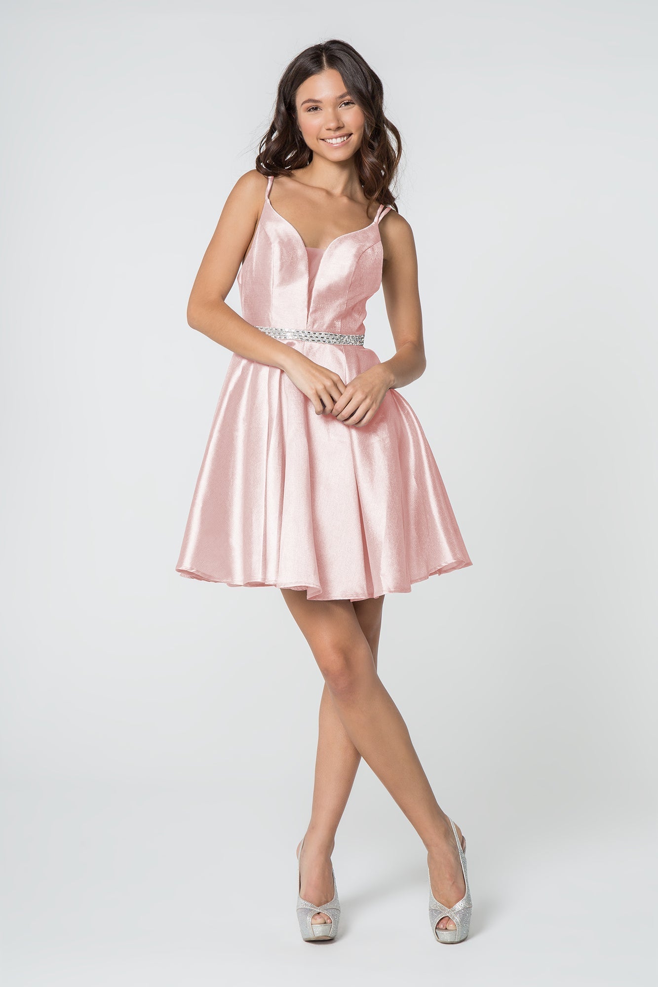 Illusion Deep V-Neck Satin Short Dress Beads Accented Waist Band GLGS2843 Elsy Style HOMECOMING