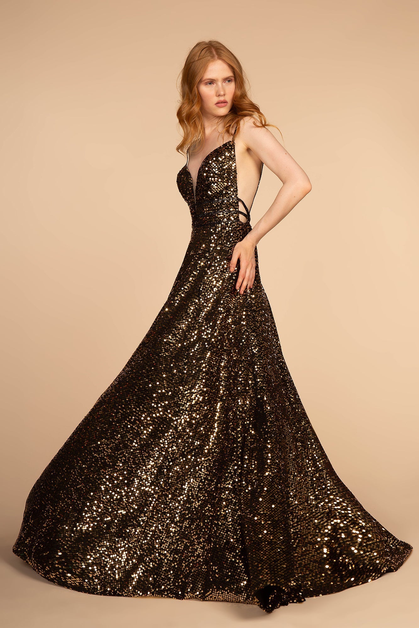 Illusion Deep V-Neck Sequin Ball Gown Open Back GLGL2581 Elsy Style PROM