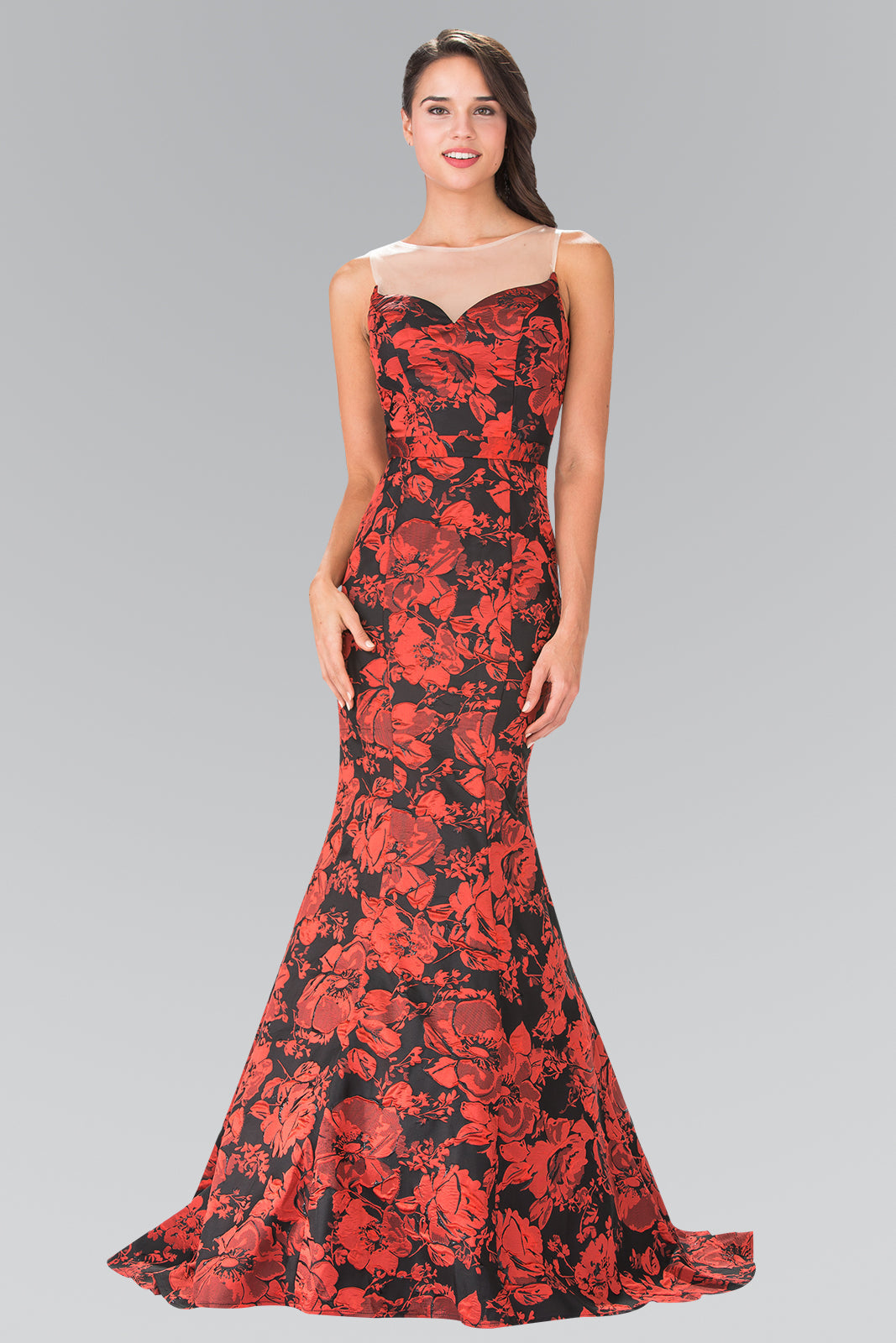 Illusion Sweethearted Flower Print Long Dress with Sheer Back GLGL2246 Elsy Style PROM