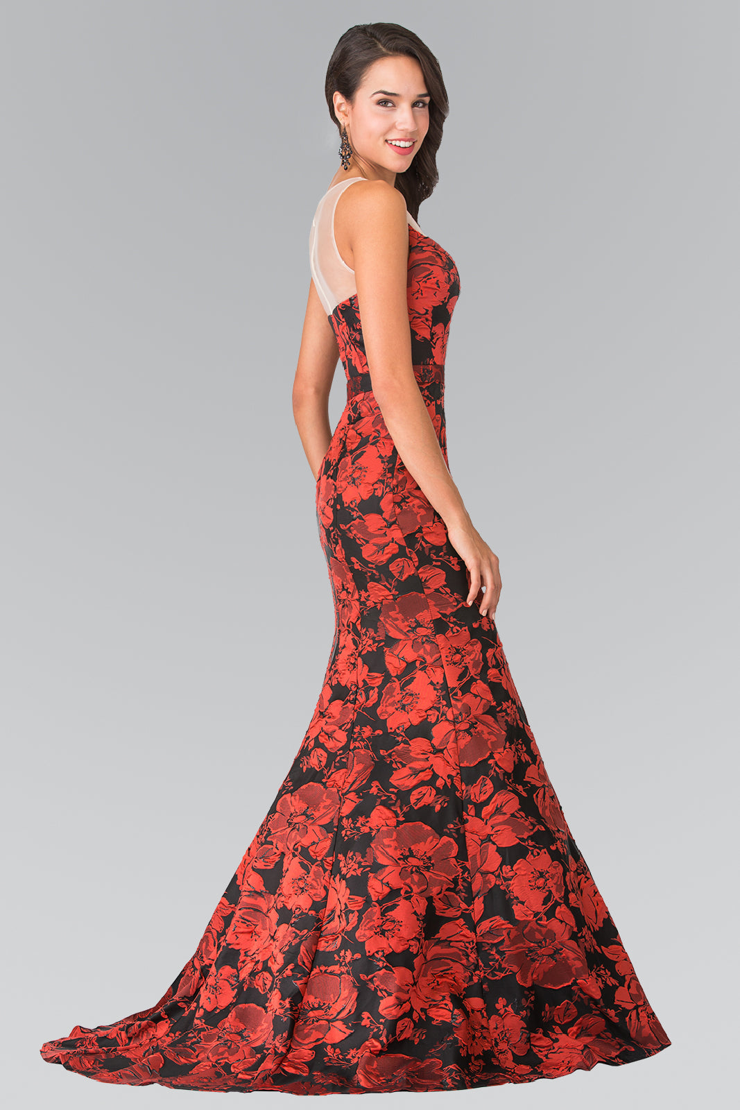 Illusion Sweethearted Flower Print Long Dress with Sheer Back GLGL2246 Elsy Style PROM