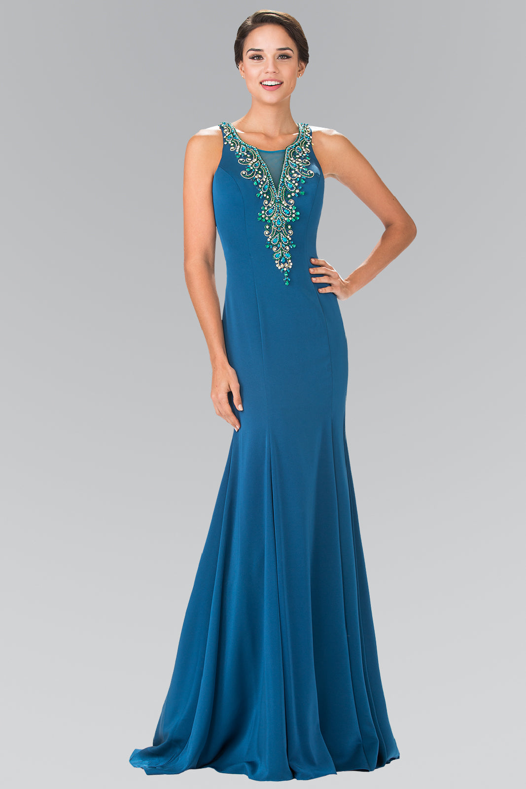 Illusion V-Neck Beaded Top Long Dress with Sheer Back GLGL2310 Elsy Style PROM