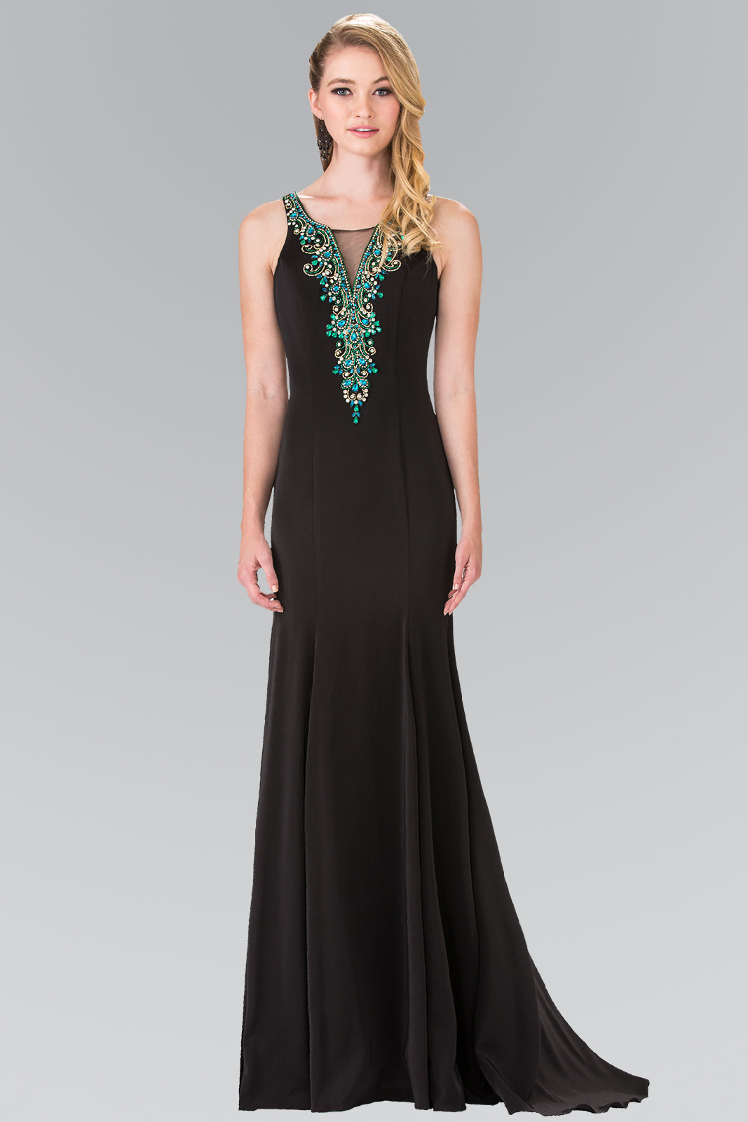Illusion V-Neck Beaded Top Long Dress with Sheer Back GLGL2310 Elsy Style PROM