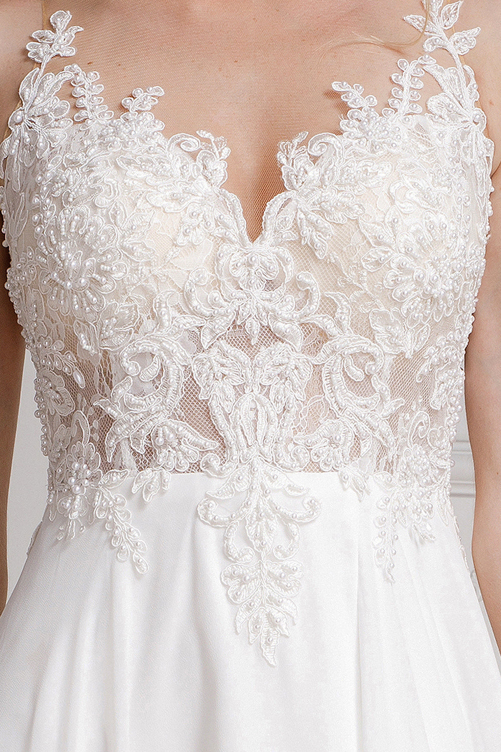 Illusion V-Neck Sheer Back Embroidered Lace Slit Long Wedding Dress AC375 Elsy Style Wedding Dress