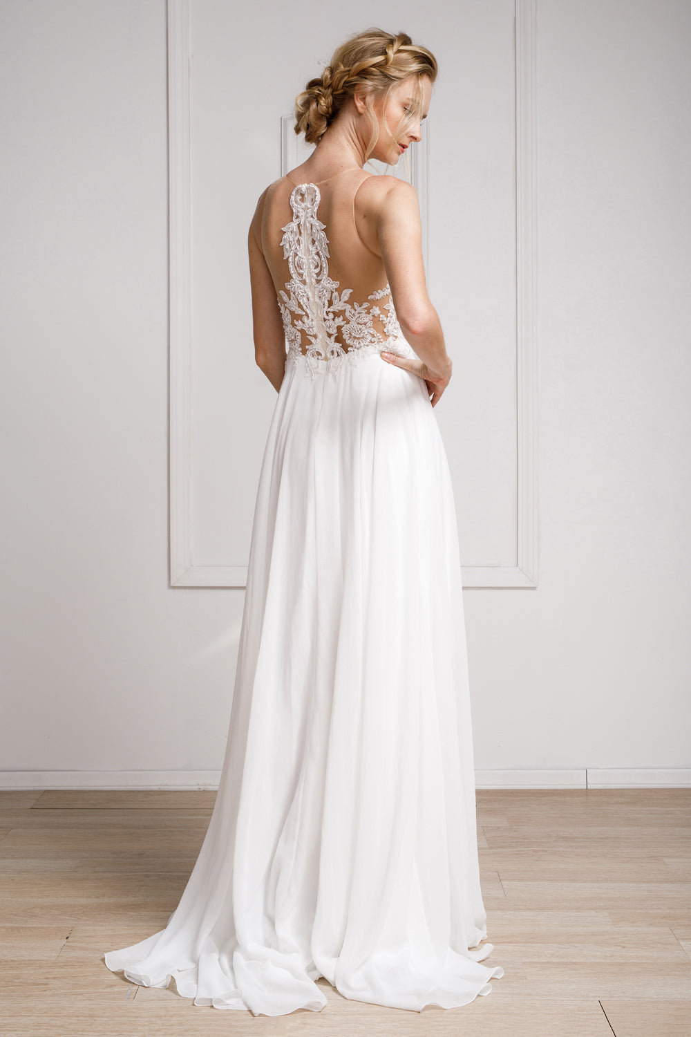 Illusion V-Neck Sheer Back Embroidered Lace Slit Long Wedding Dress AC375 Elsy Style Wedding Dress
