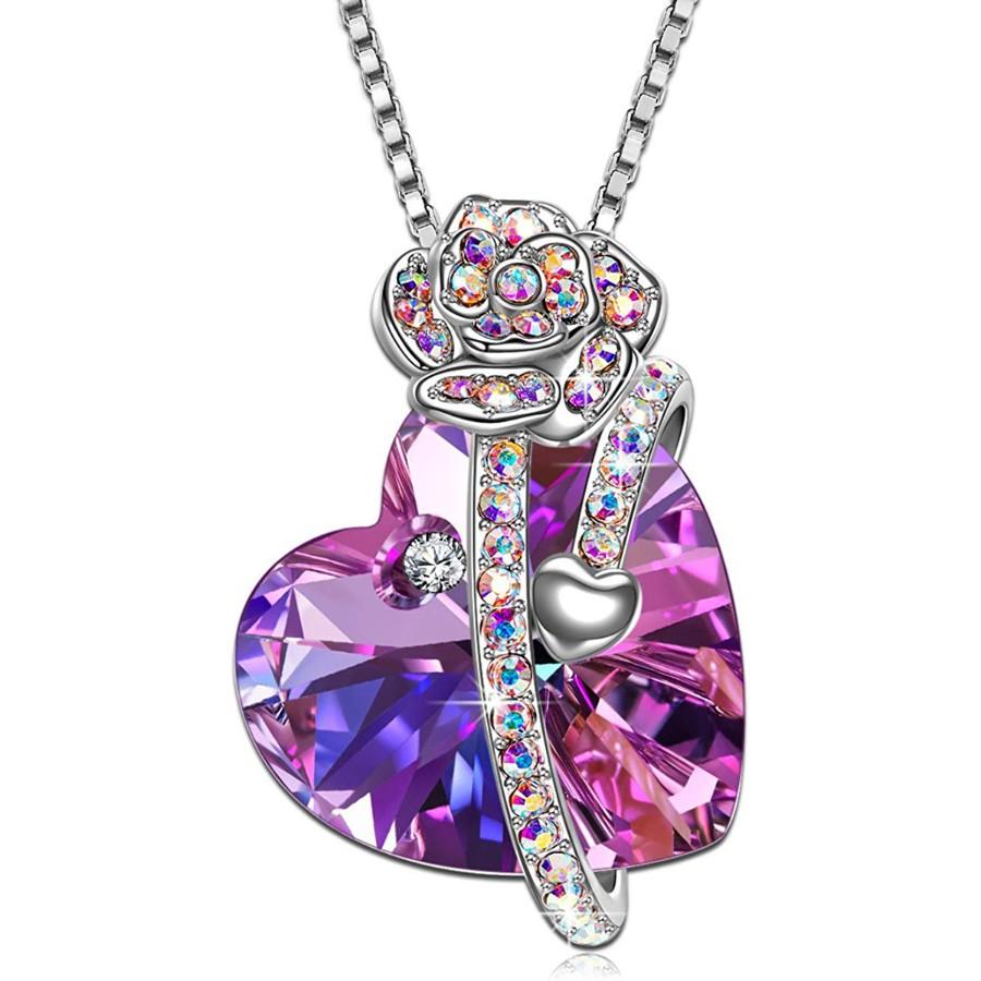 Iridescent Amethyst Gemstone Crystal Rose Heart Necklace in 14K White Gold Plated Elsy Style Necklace