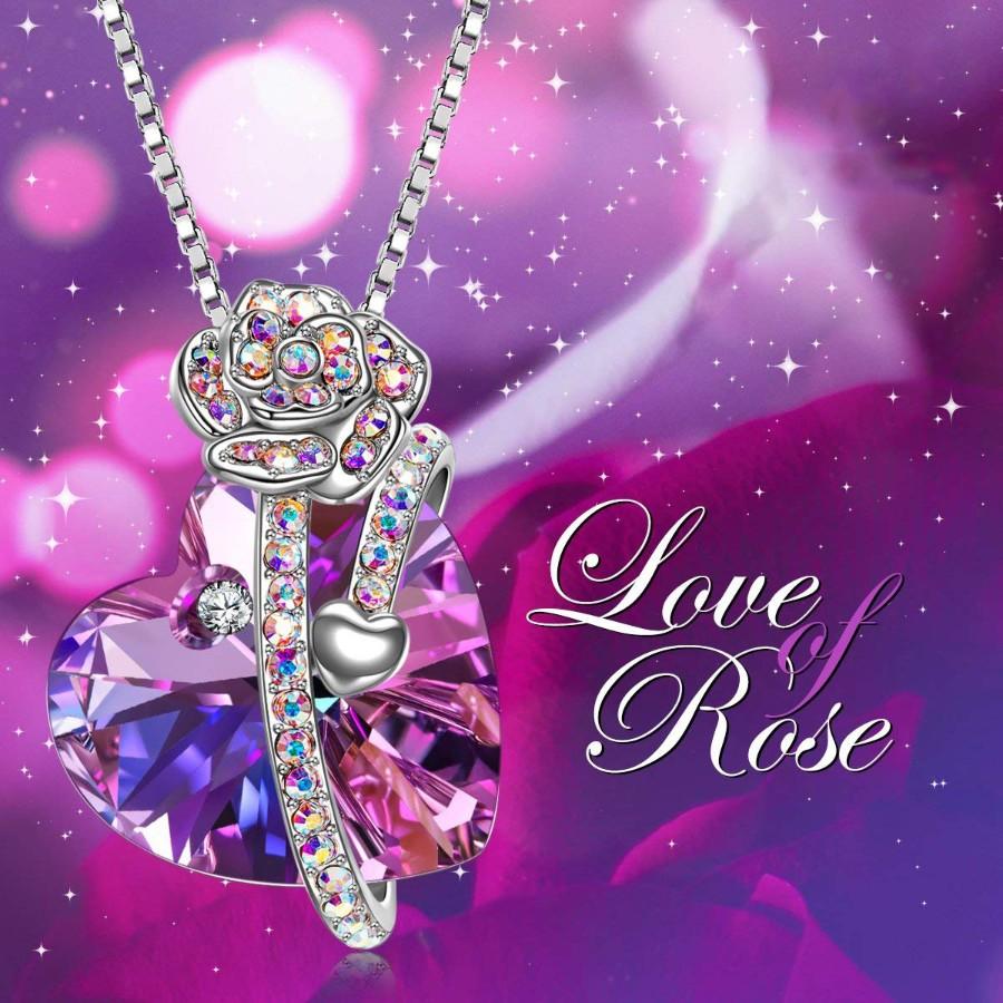 Iridescent Amethyst Gemstone Crystal Rose Heart Necklace in 14K White Gold Plated Elsy Style Necklace
