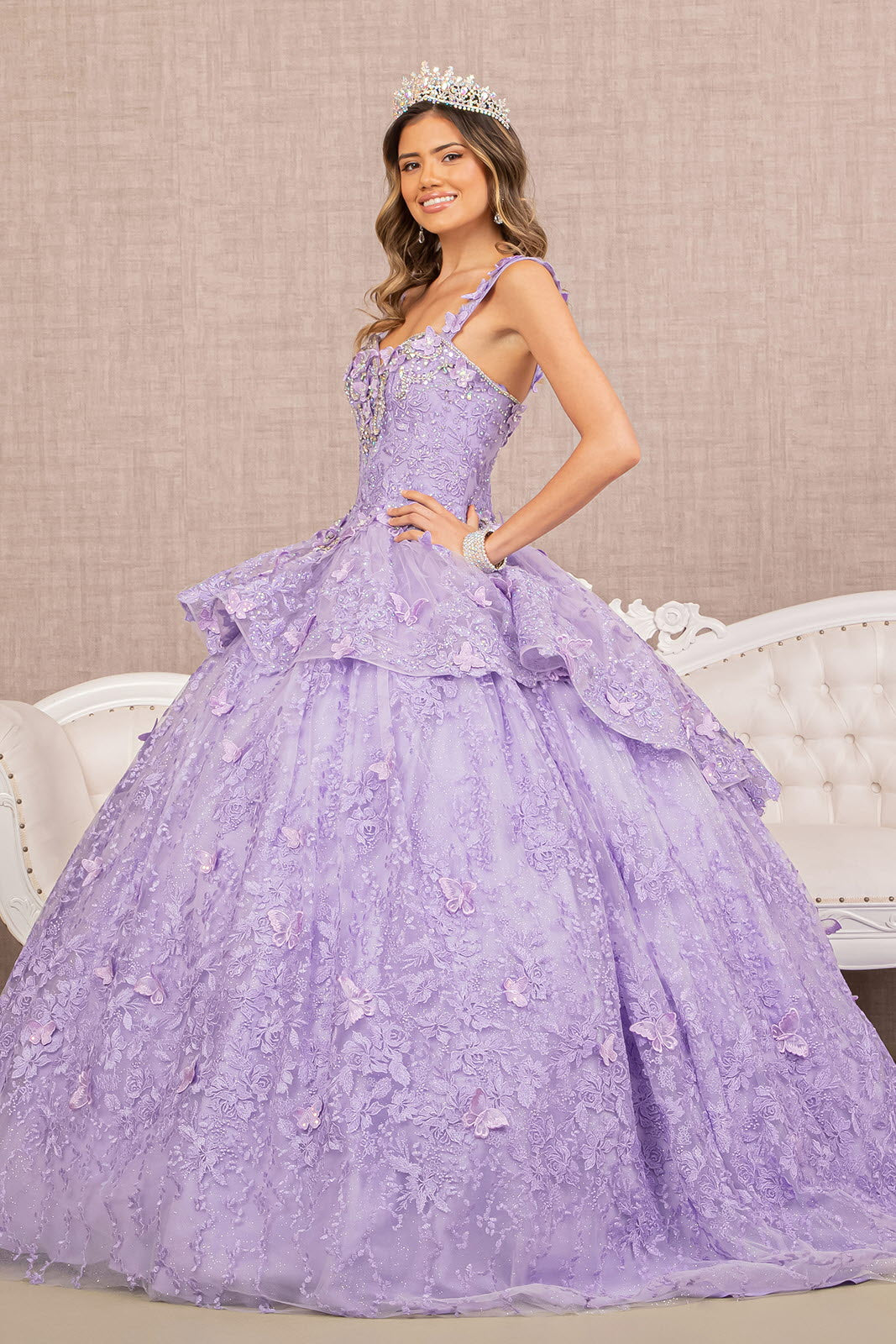 Jewel 3-D Butterfly Applique Off Shoulder Mesh Quinceanera Gown GLGL3112 Elsy Style QUINCEANERA