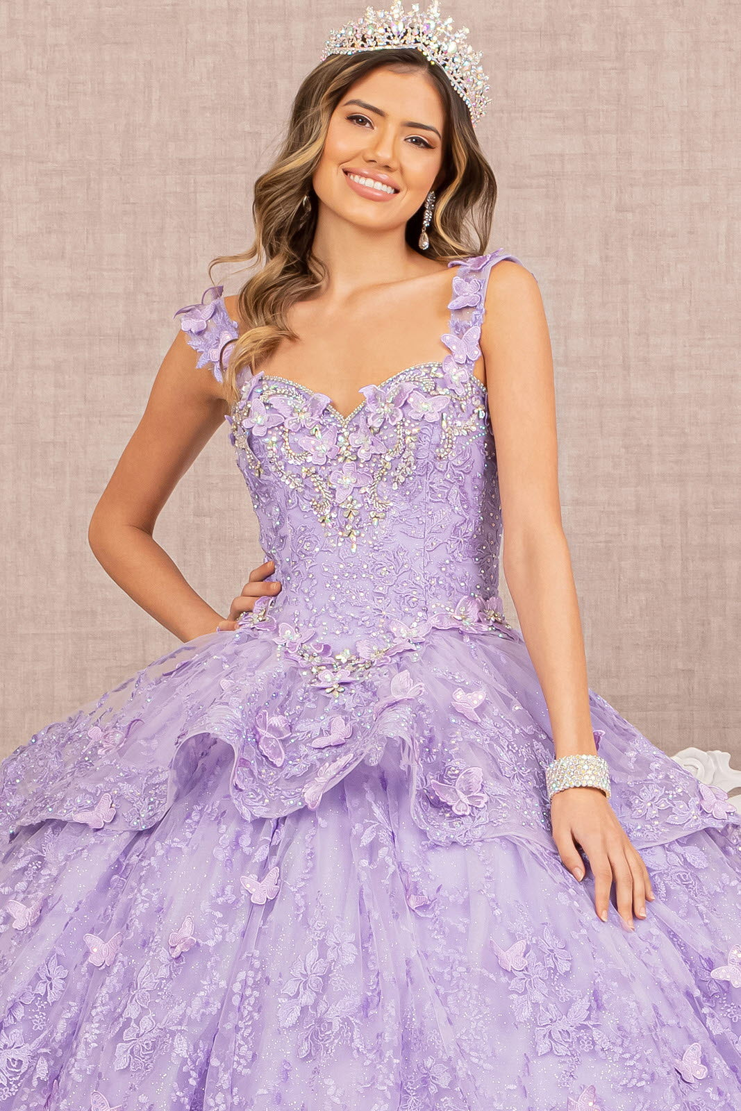 Jewel 3-D Butterfly Applique Off Shoulder Mesh Quinceanera Gown GLGL3112 Elsy Style QUINCEANERA