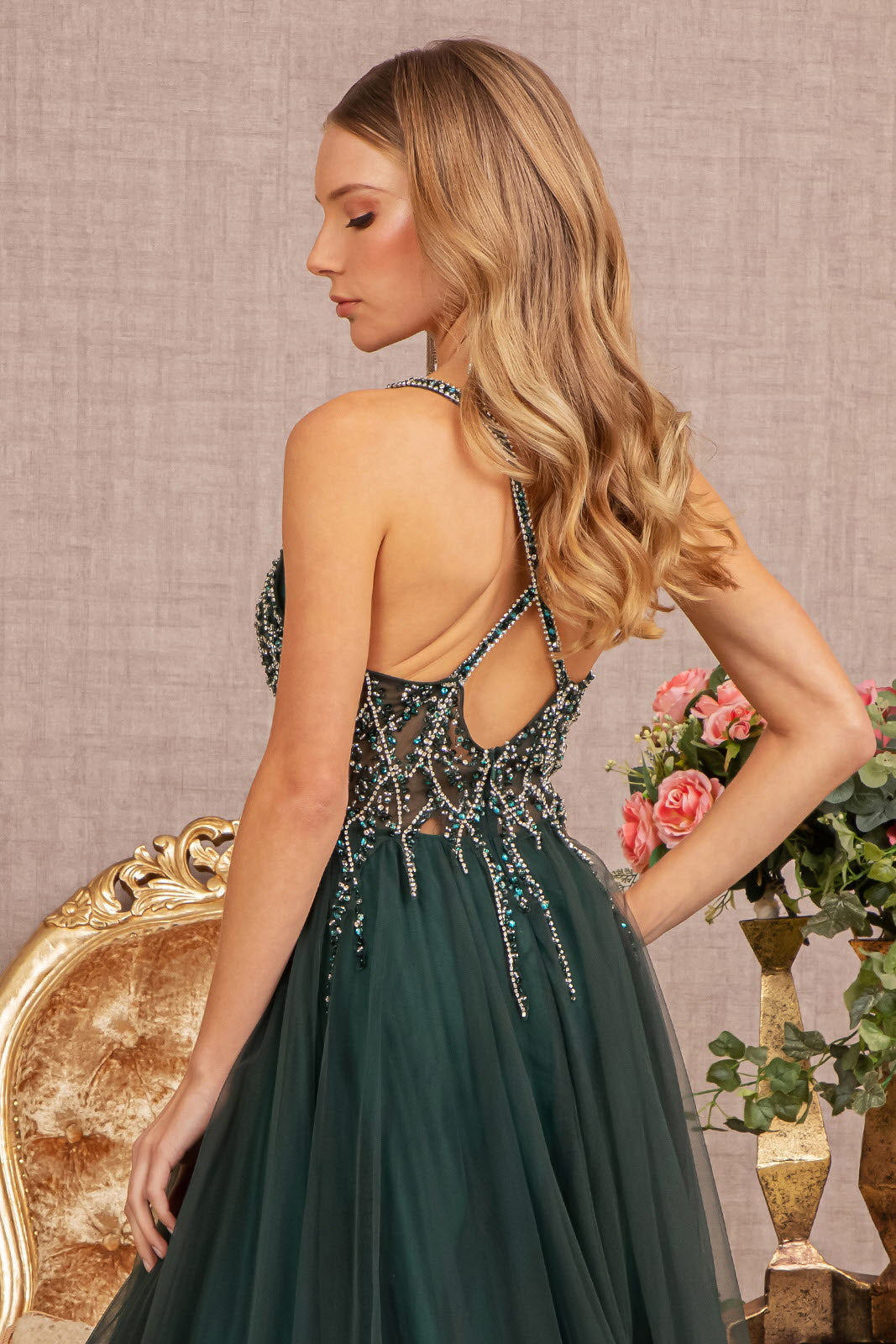 Jewel Bead Illusion Sweetheart Sheer Bodice Mesh A-line Dress GLGL3137 Elsy Style Prom Dress