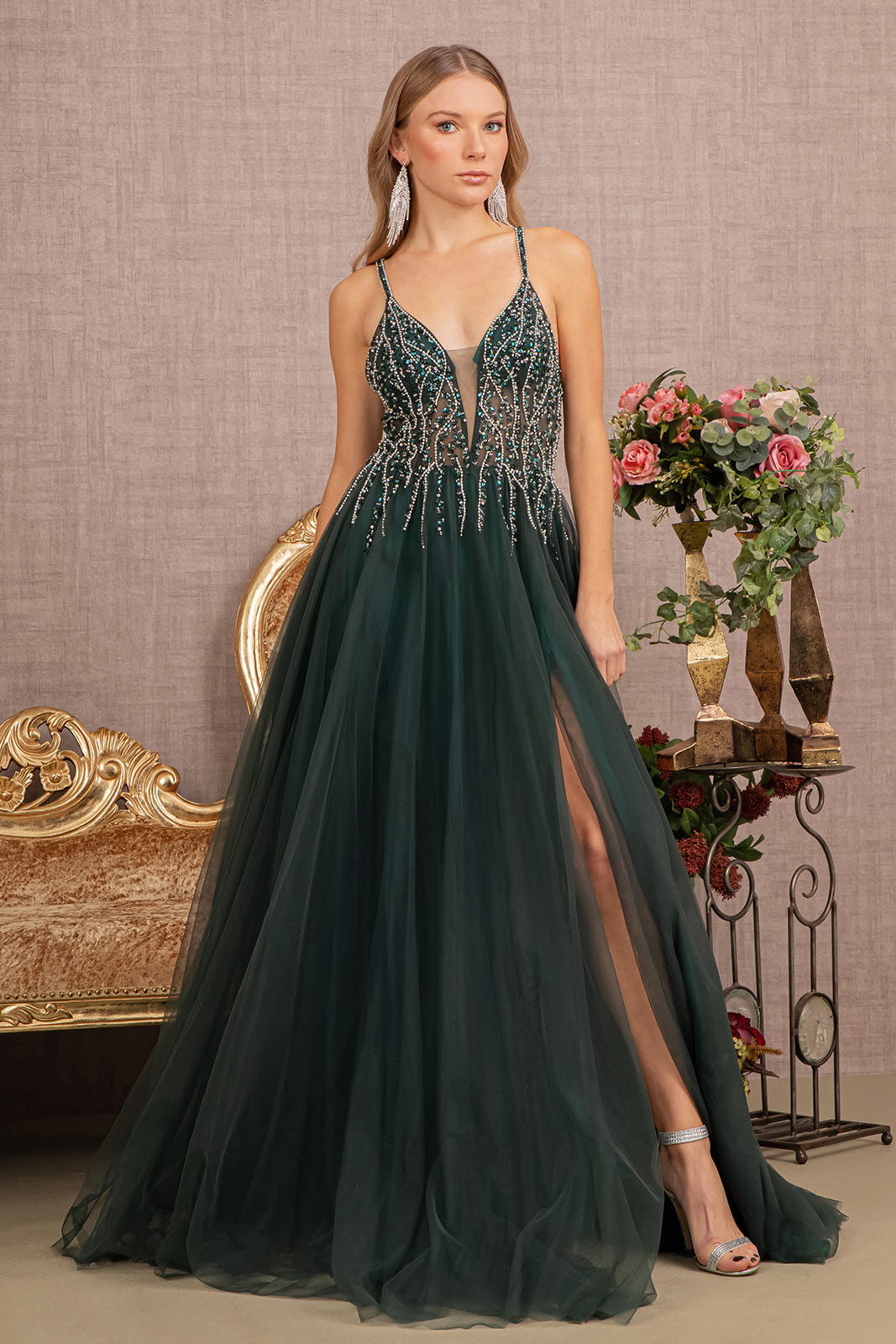 Jewel Bead Illusion Sweetheart Sheer Bodice Mesh A-line Dress GLGL3137 Elsy Style Prom Dress