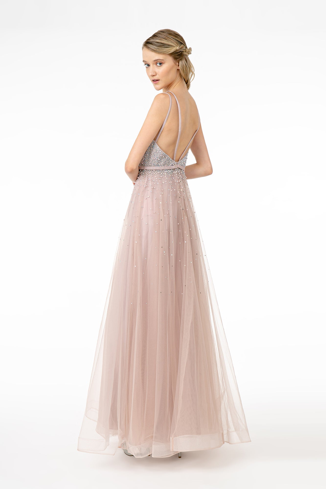 Jewel Embellished Bodice Mesh A-Line Dress Strap Back GLGL2892 Elsy Style PROM