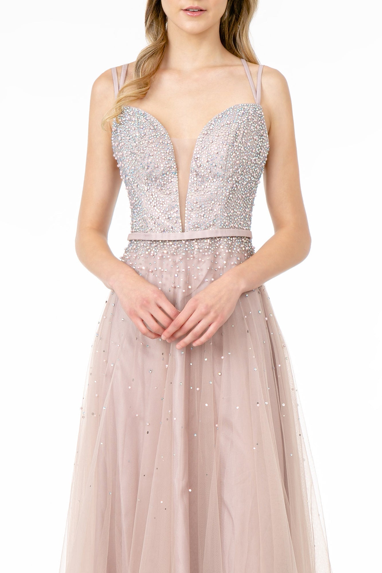 Jewel Embellished Bodice Mesh A-Line Dress Strap Back GLGL2892 Elsy Style PROM