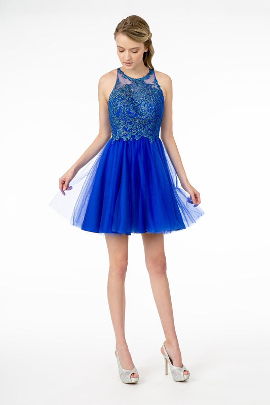 Jewel Embellished Embroidery Tulle Short Dress Strap Back GLGS2809 Elsy Style HOMECOMING
