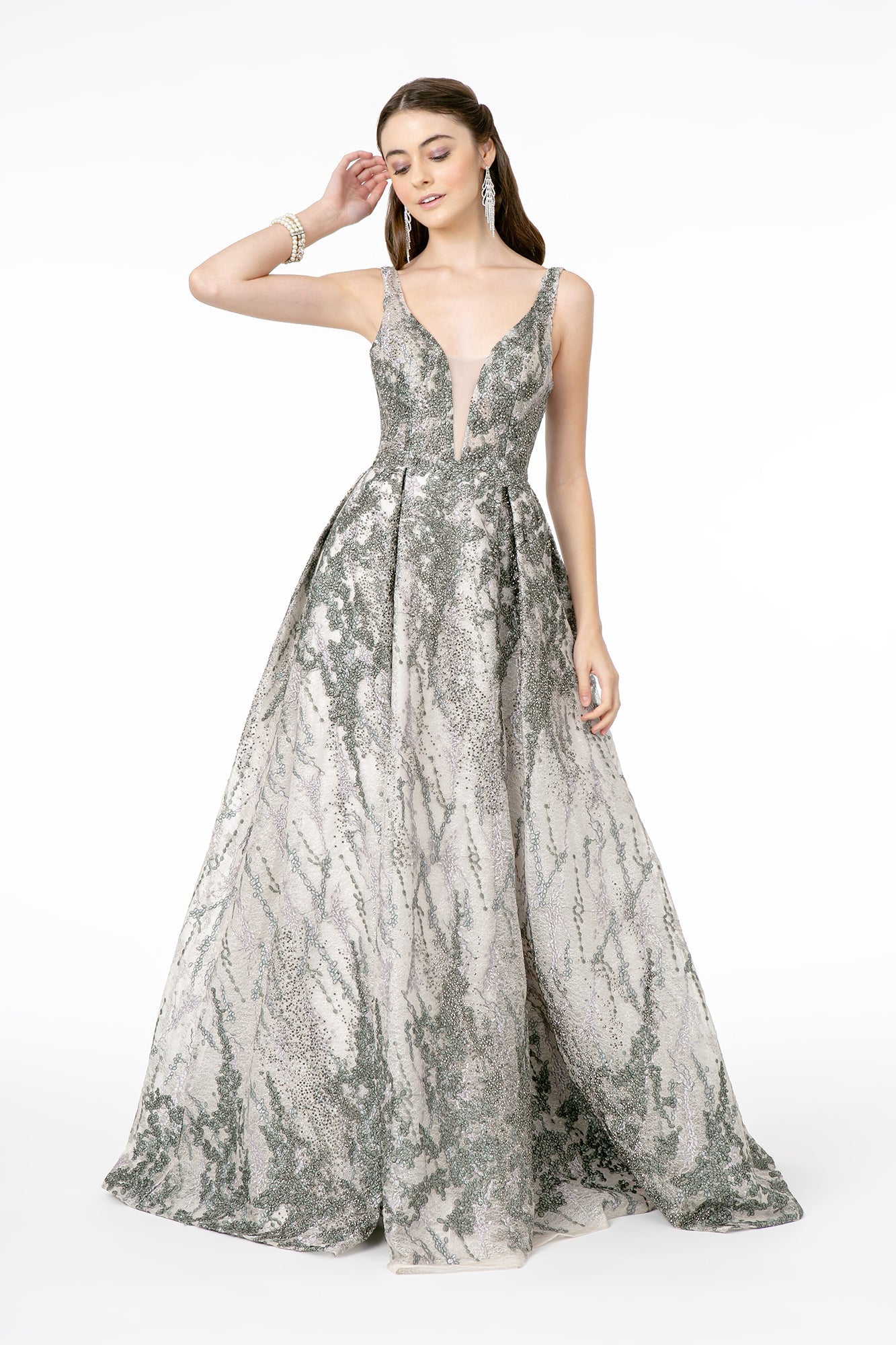 Jewel Embellished Lace Long Dress V-Back GLGL1835 Elsy Style PROM