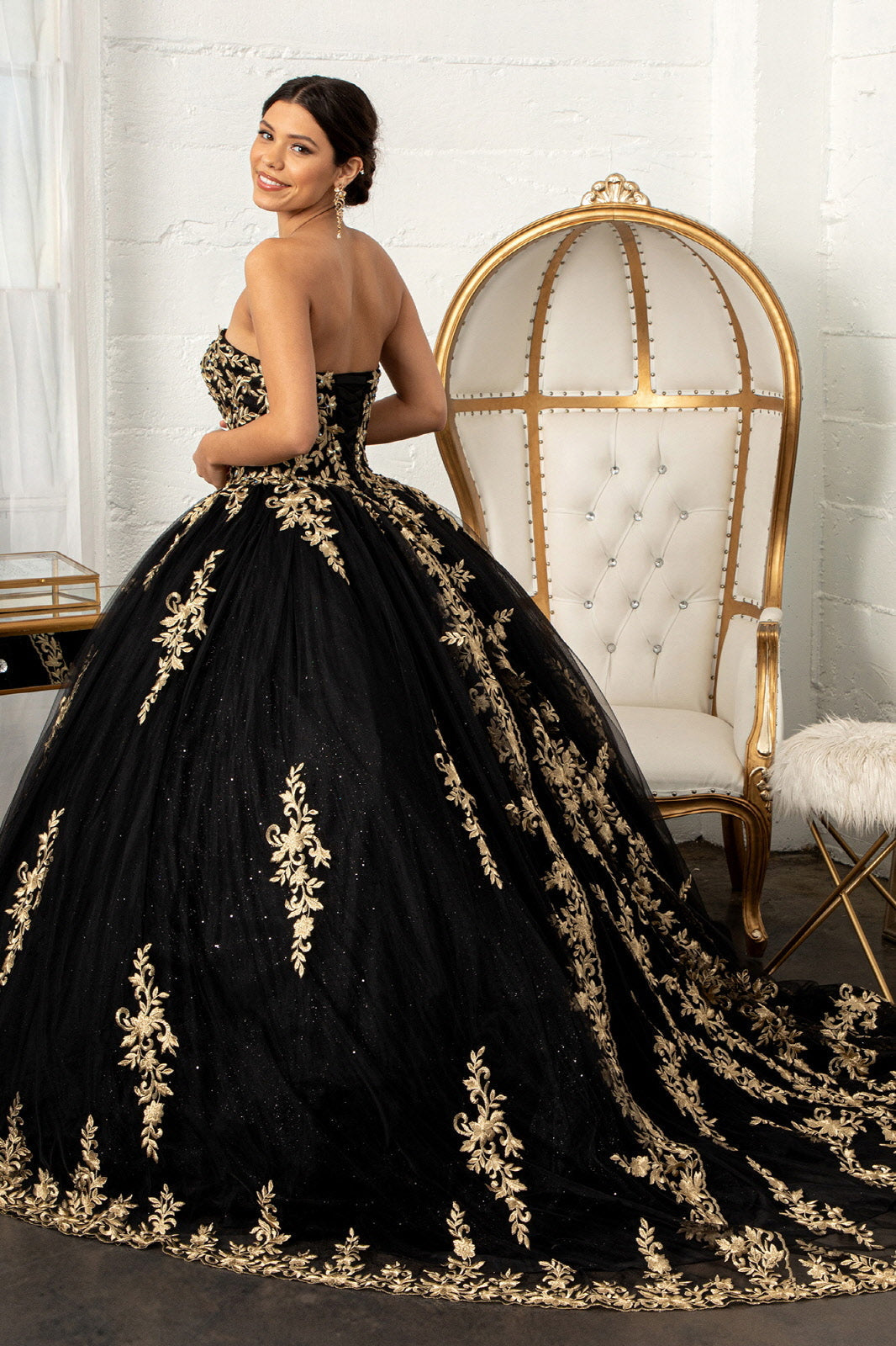 Jewel Embellished Tull Quinceanera Ball Gown Embroidered Mesh Cape GLGL3016 Elsy Style QUINCEANERA
