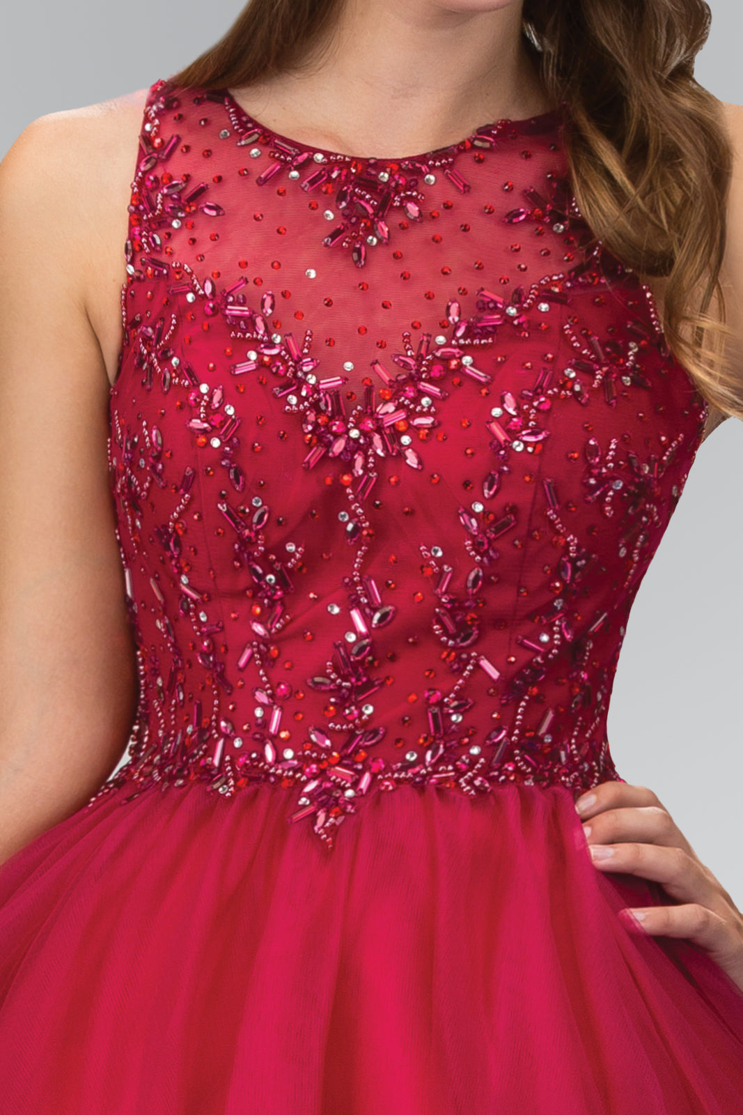 Jewel Embellished Tulle Short Dress with Sheer Illusion Neckline GLGS1405 Elsy Style HOMECOMING