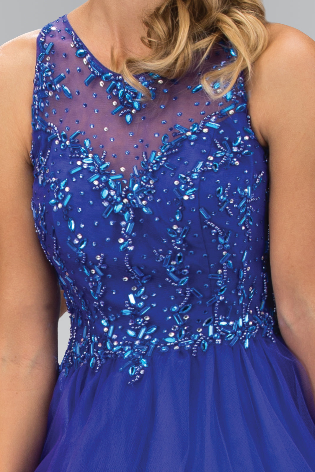 Jewel Embellished Tulle Short Dress with Sheer Illusion Neckline GLGS1405 Elsy Style HOMECOMING