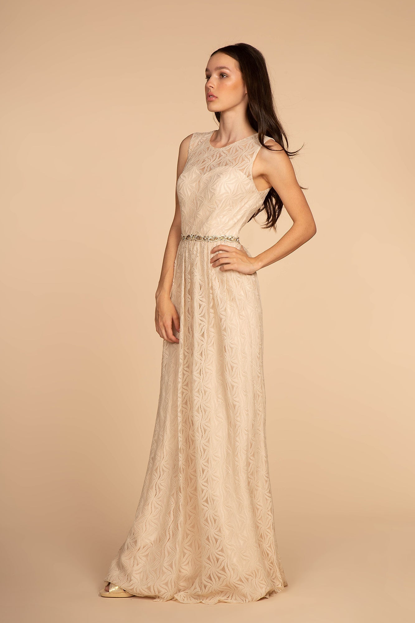 Jewel Embellished Waist Lace Long Dress GLGL2611 Elsy Style MOTHER OF BRIDE