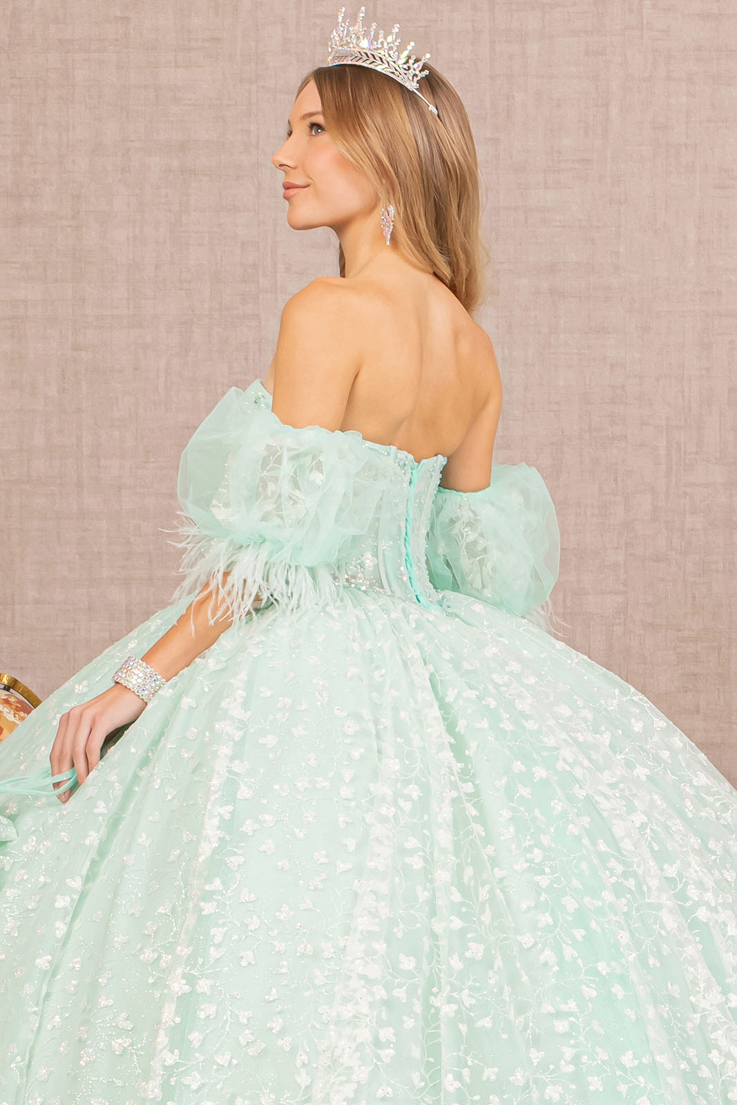 Jewel Strapless Quinceanera Gown Detachable Short Puff Sleeves GLGL3176 Elsy Style QUINCEANERA