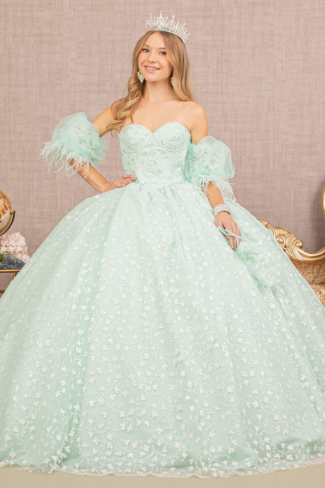 Jewel Strapless Quinceanera Gown Detachable Short Puff Sleeves GLGL3176 Elsy Style QUINCEANERA