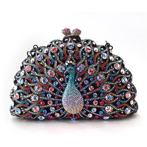 LO2370 - Ruthenium White Metal Clutch with Top Grade Crystal  in Multi Color Elsy Style Clutch