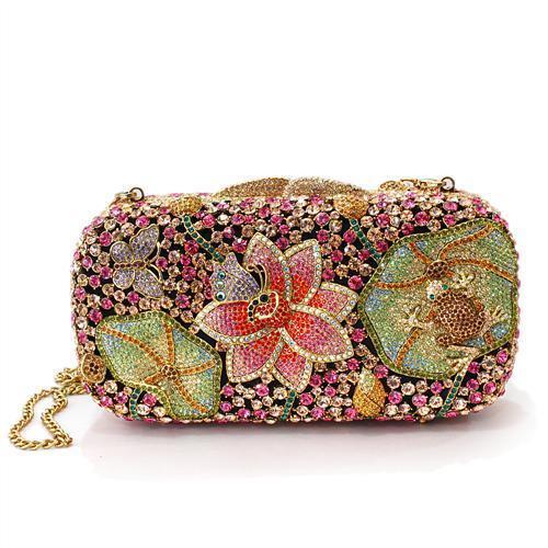 LO2375 - Ancientry Gold White Metal Clutch with Top Grade Crystal  in Multi Color Elsy Style Clutch