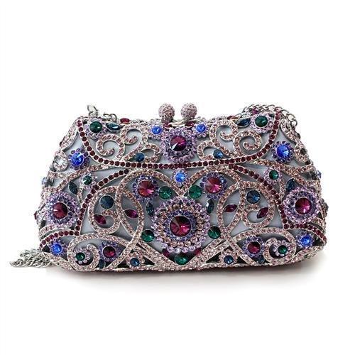 LO2379 - Imitation Rhodium White Metal Clutch with Top Grade Crystal  in Multi Color Elsy Style Clutch