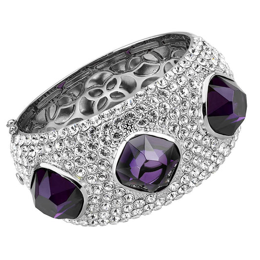 LO4330 - Rhodium Brass Bangle with AAA Grade CZ  in Amethyst Elsy Style Bangle