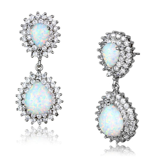 LOS879 - Rhodium 925 Sterling Silver Earrings with Semi-Precious Opal in Aurora Borealis (Rainbow Effect) Elsy Style Earrings