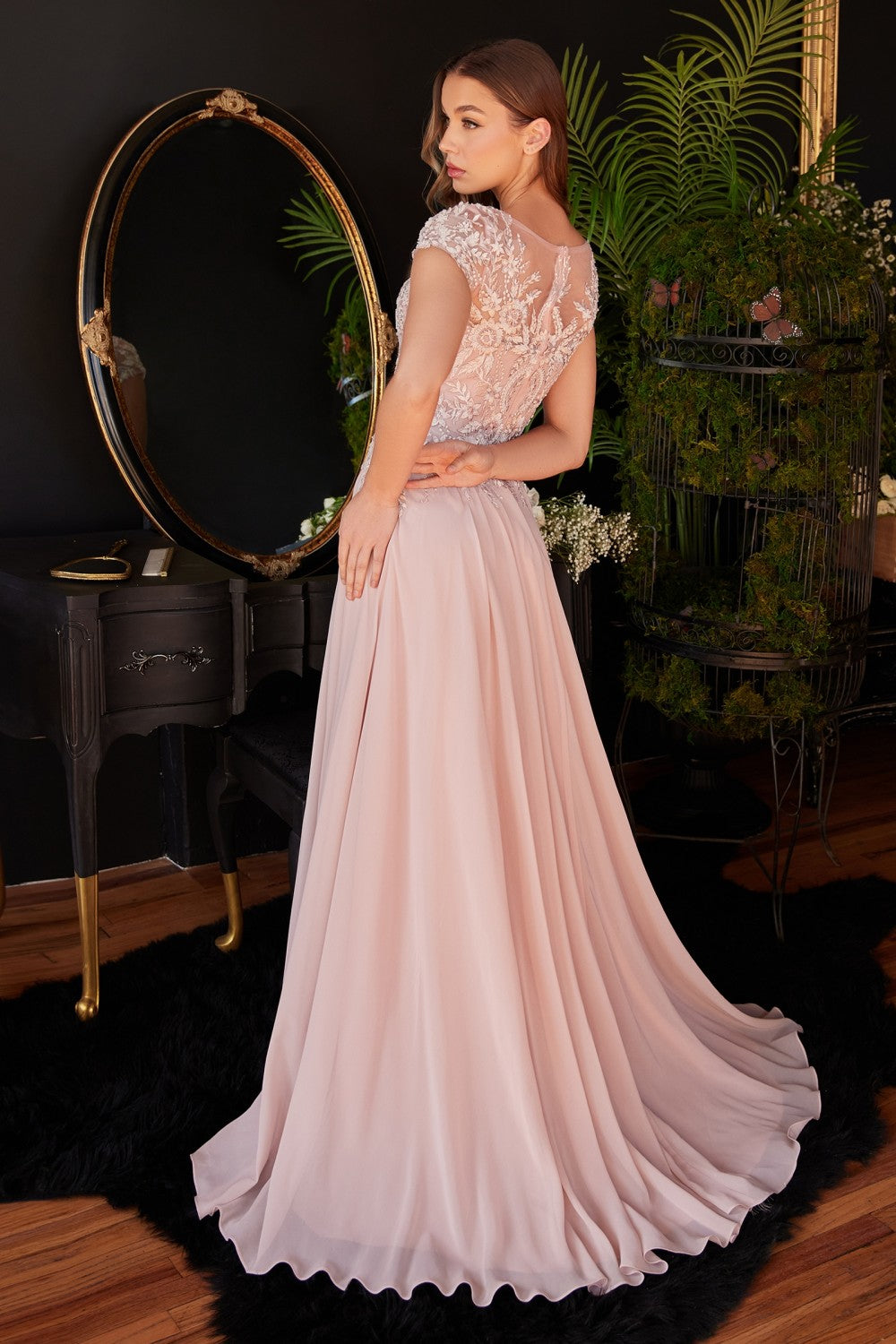 Lace Embellished Cap sleeve Bodice Vintage a-line Modest Romantic chiffon Prom & Bridesmaid dress Formal Tender Pretty Gown CDCL05 Elsy Style Mother of the Bride Dress