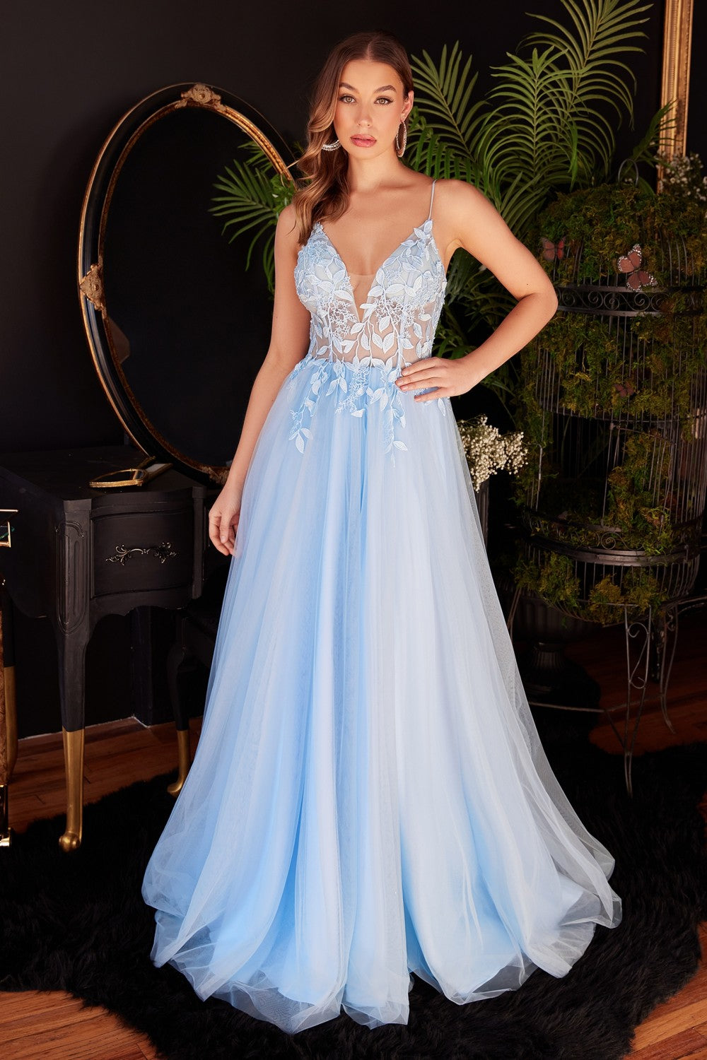 Layered Tulle A-Line Floral Vintage Princess Gown Sheer V-neck Spaghetti Strap Bodice Delicate Cute Pretty Evening Ball Dress CDCD2214 Elsy Style Prom Dress