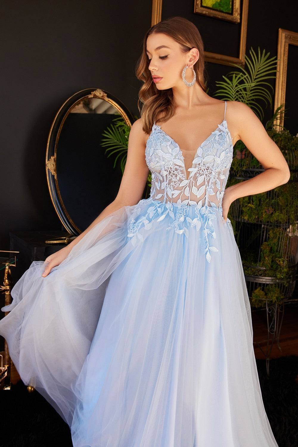Layered Tulle A-Line Floral Vintage Princess Gown Sheer V-neck Spaghetti Strap Bodice Delicate Cute Pretty Evening Ball Dress CDCD2214 Elsy Style Prom Dress