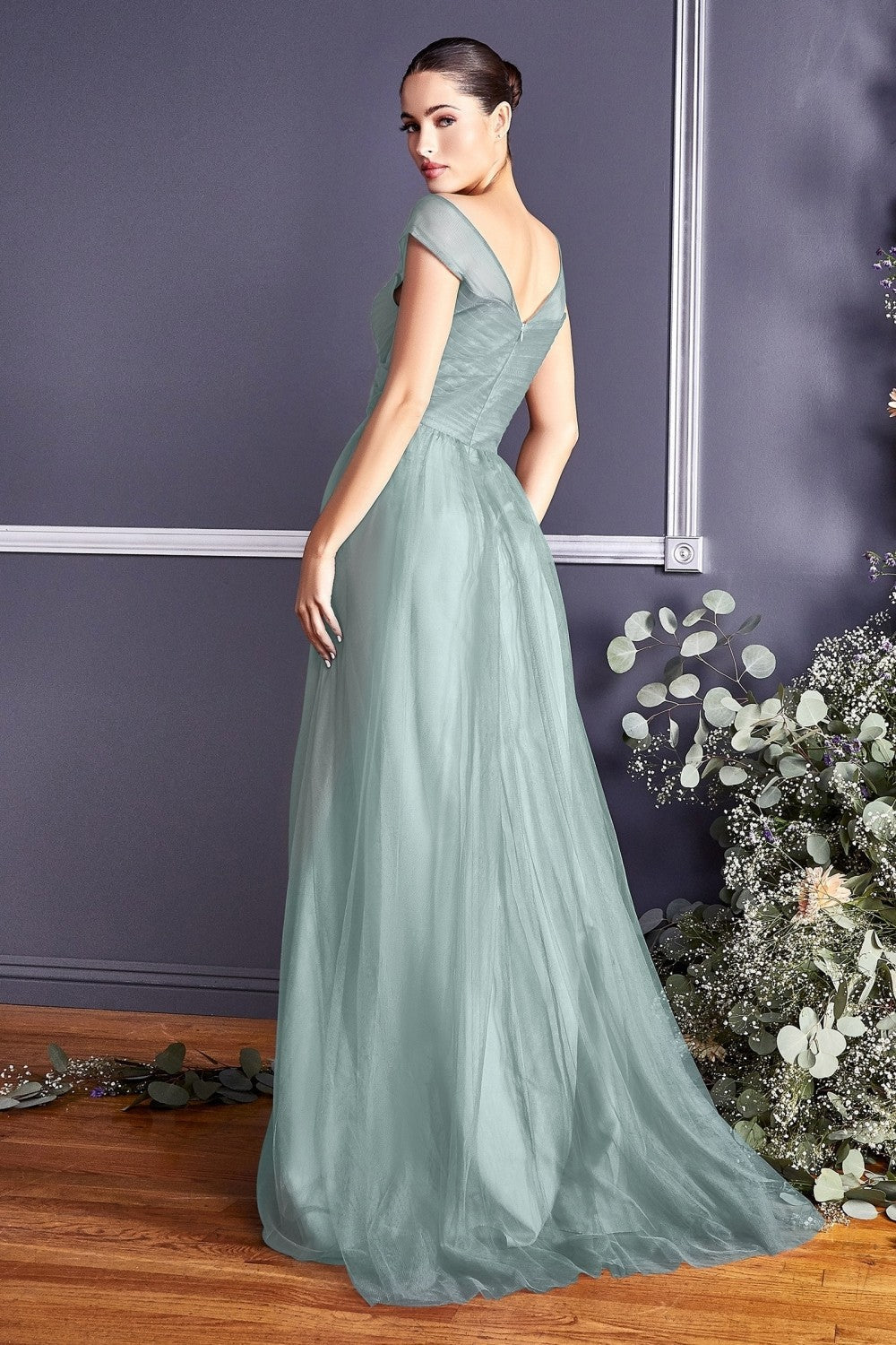 Layered Tulle A-Line Pleated Bodice Illusion Cap Sleeves Long Bridesmaid Gown CDET320 Sale Elsy Style Bridesmaid Dress