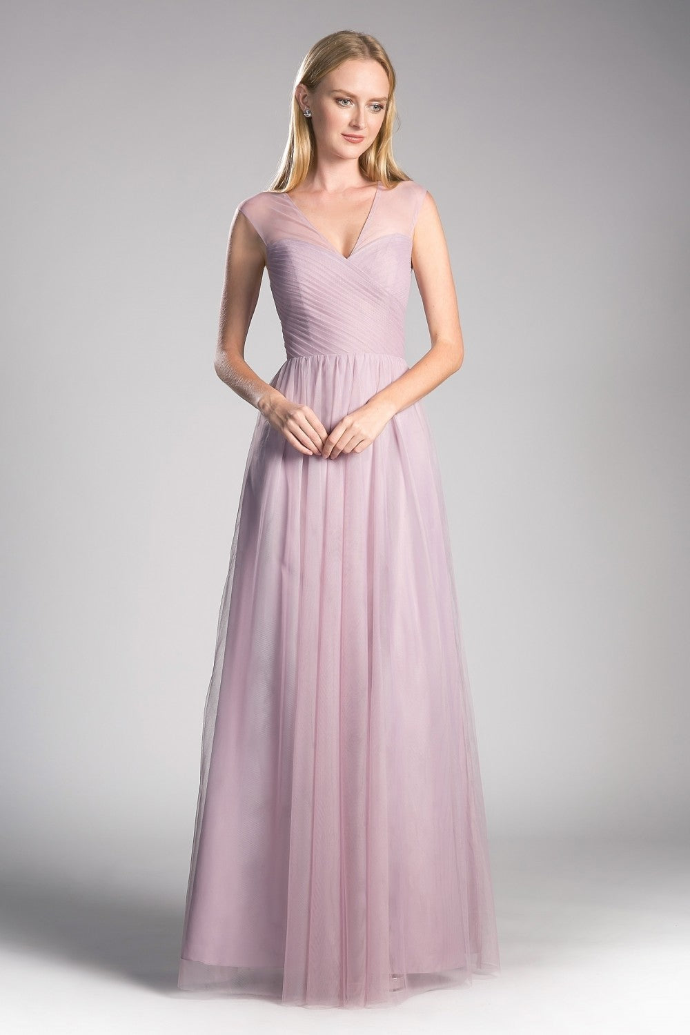 Layered Tulle A-Line Pleated Bodice Illusion Cap Sleeves Long Bridesmaid Gown CDET320 Sale Elsy Style Bridesmaid Dress