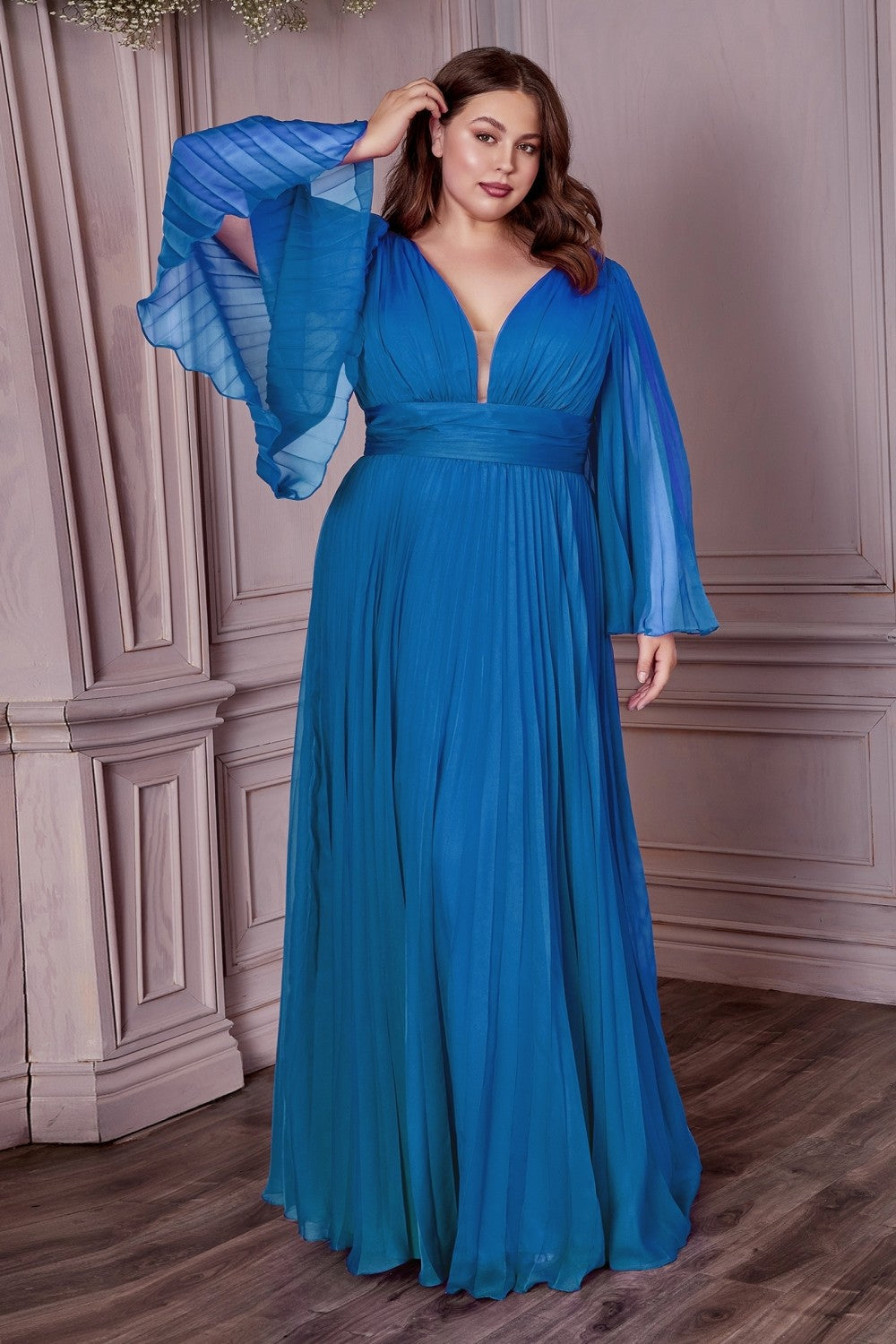 Long Sleeve Illusion V-neck Bodice Plus Size Chiffon Pleated Prom Gown Curvy Solid Bridesmaid Dress A-line Silhouette Skirt CDCD242C Elsy Style Bridesmaid Dress