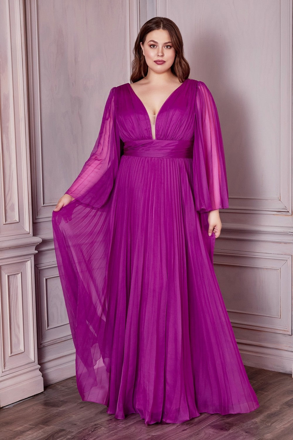 Long Sleeve Illusion V-neck Bodice Plus Size Chiffon Pleated Prom Gown Curvy Solid Bridesmaid Dress A-line Silhouette Skirt CDCD242C Elsy Style Bridesmaid Dress