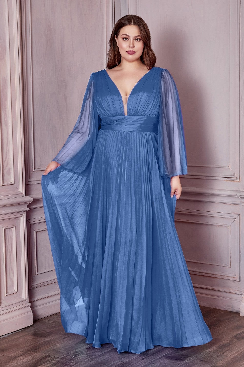 Long Sleeve Illusion V-neck Bodice Plus Size Chiffon Pleated Prom Gown Curvy Solid Bridesmaid Dress A-line Silhouette Skirt CDCD242C Sale Elsy Style Bridesmaid Dress